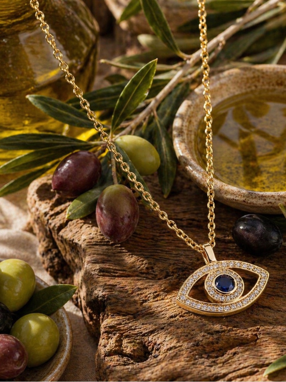 Gold Evil Eye Necklace with Blue Center